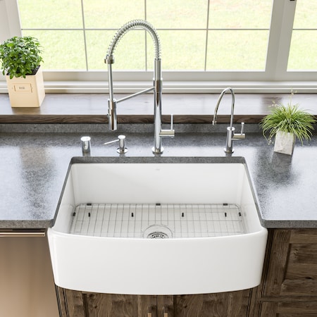 Alfi Brand White Smooth Curved Apron 30" x 20" Single Bowl Fireclay Farm Sink with Grid ABFC3020-W